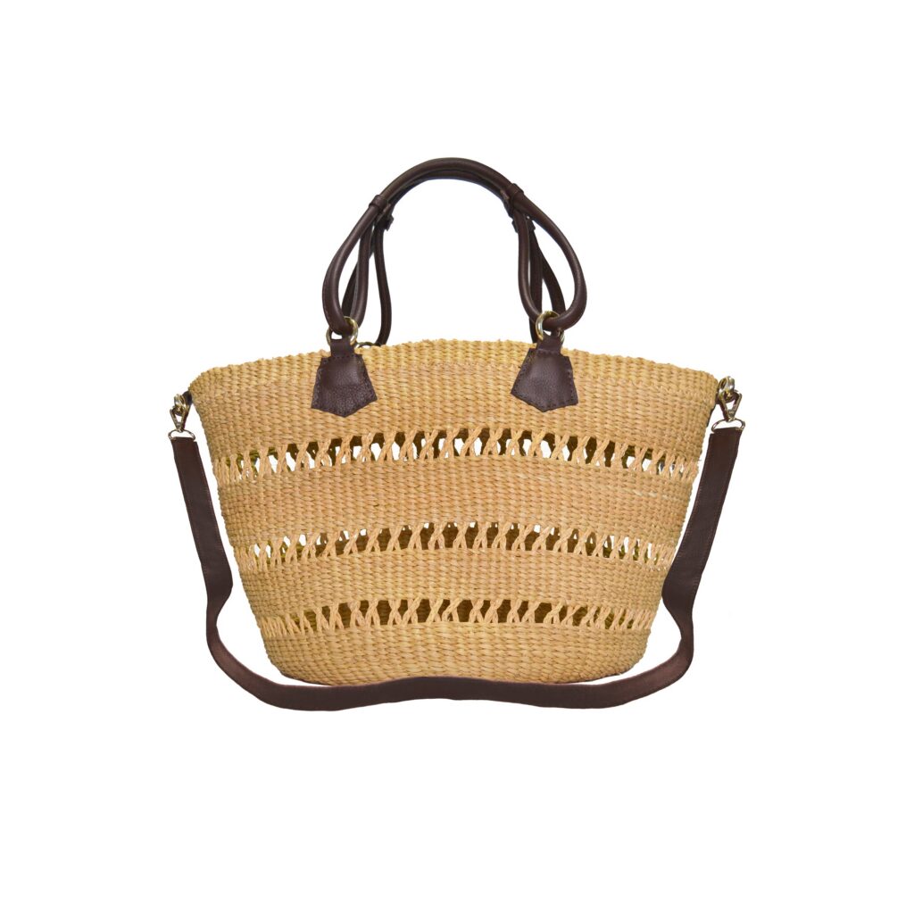 Beige Leather Open Weave Basket Bag