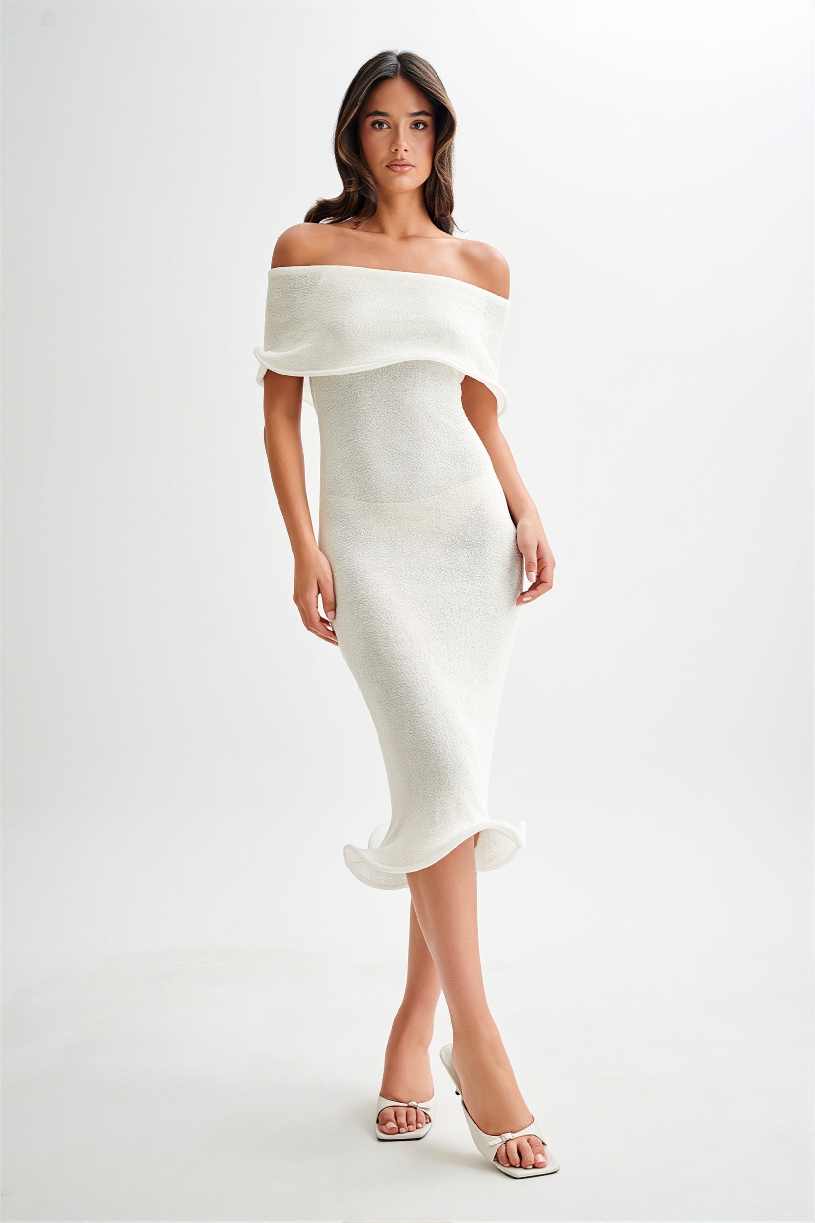Draped Ruffle Off Shoulder Knit Midi Dress - Image 5