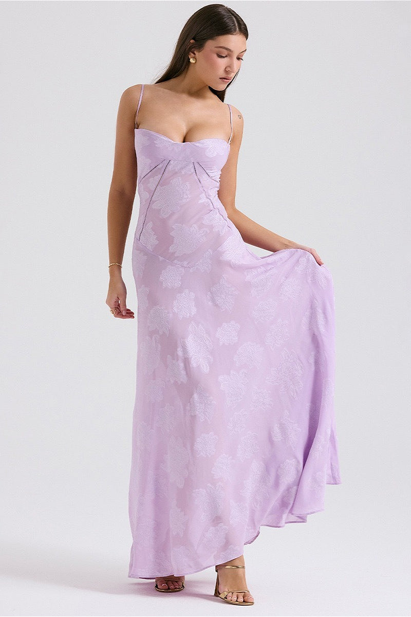 Velvet Lined Jacquard Satin Cami Maxi Dress - Image 9