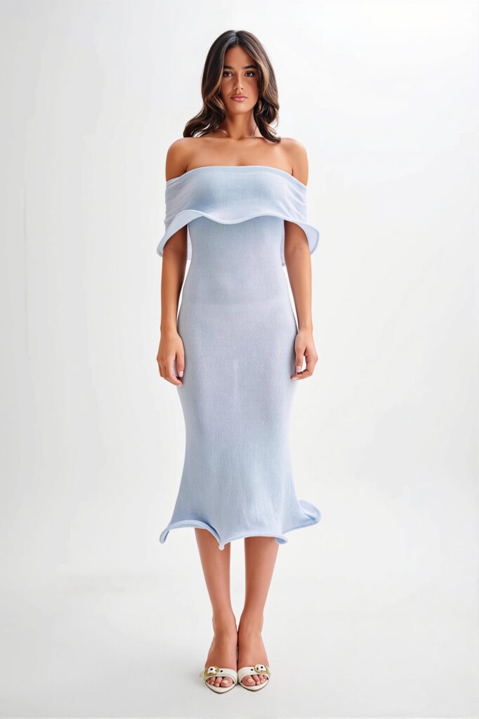 Draped Ruffle Off Shoulder Knit Midi Dress