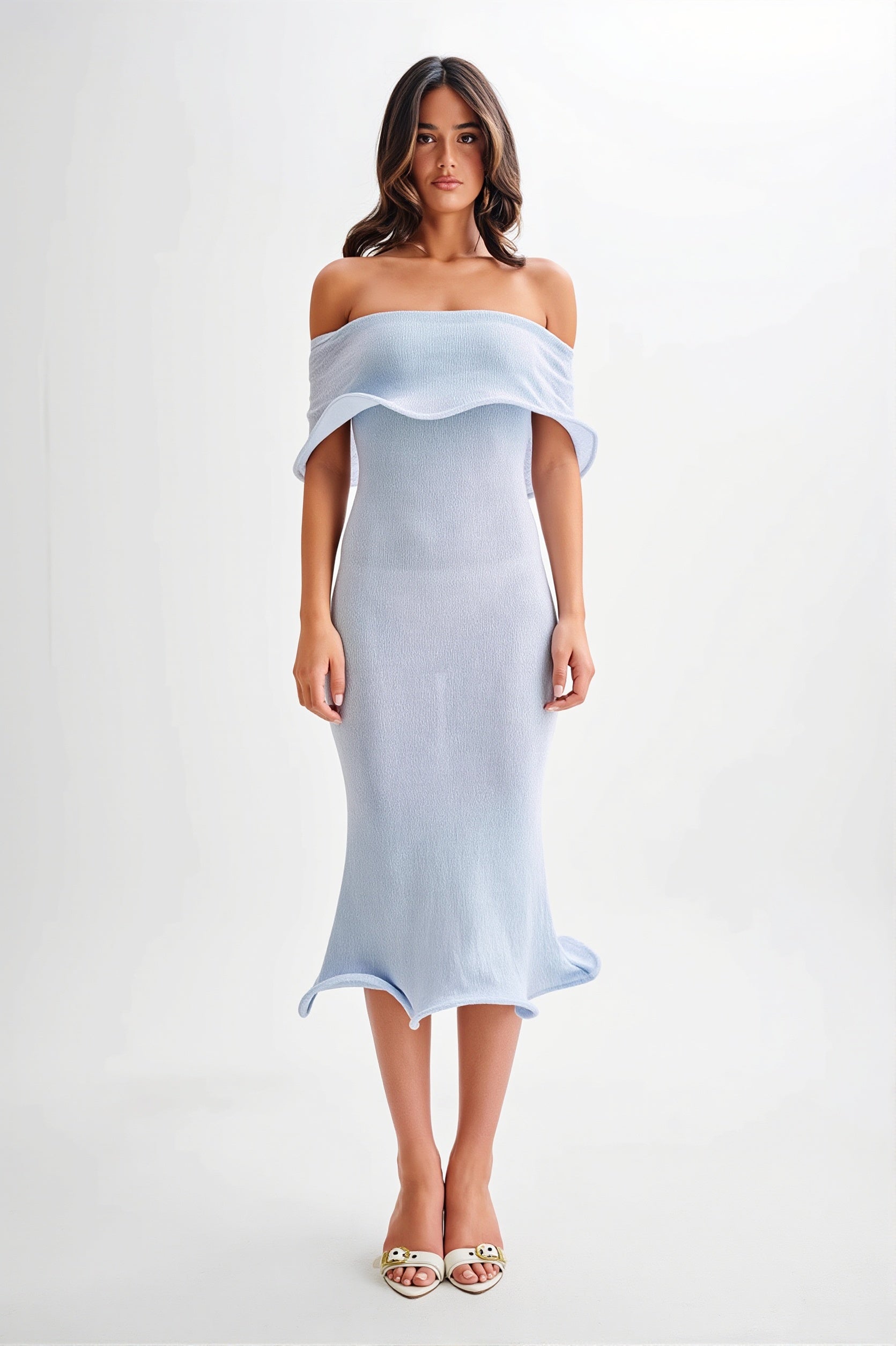 Draped Ruffle Off Shoulder Knit Midi Dress