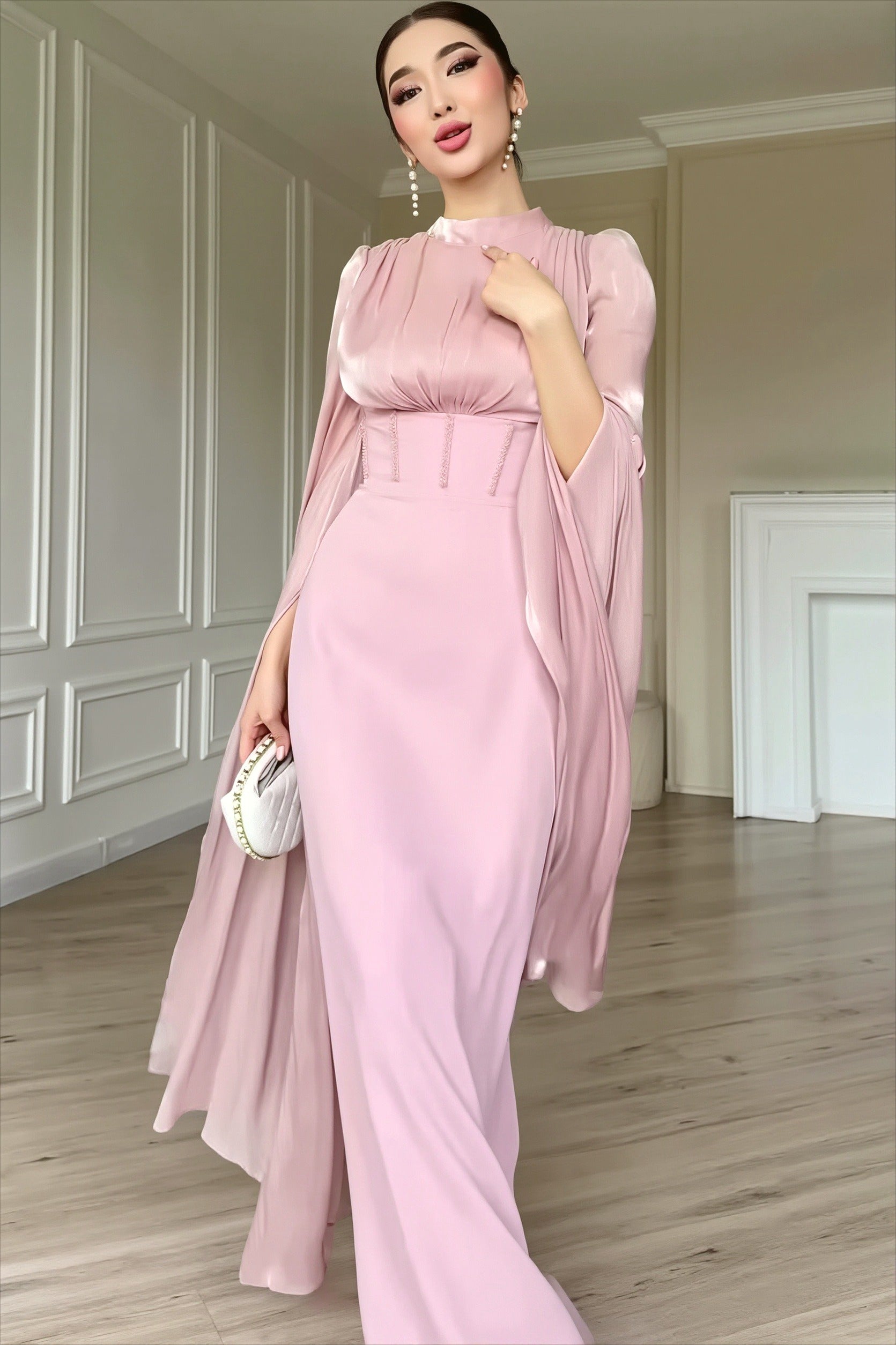 Twilight Glossy Flowy Sleeve Slim Maxi Dress