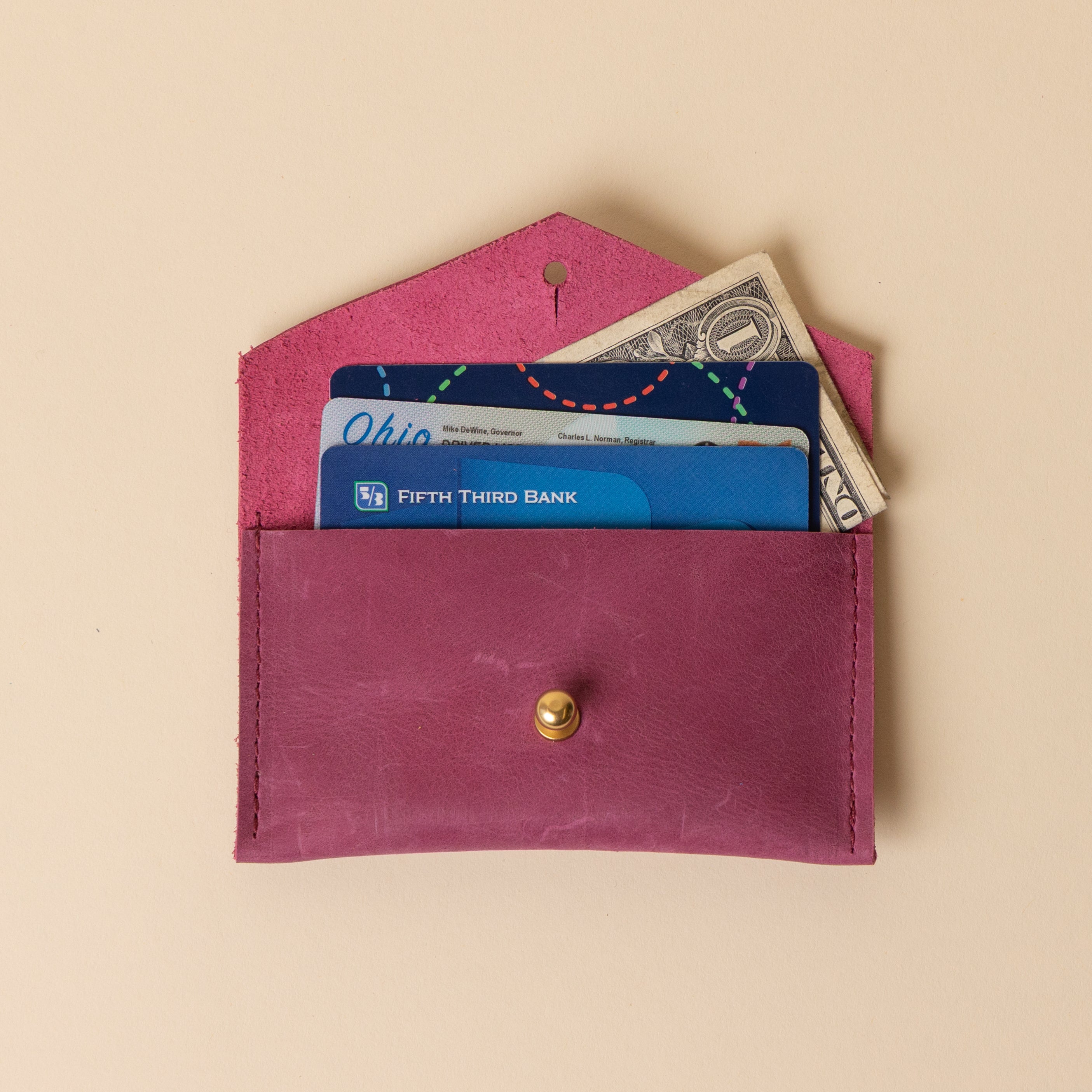 Raspberry Red Leather Compact Snap Card Holder