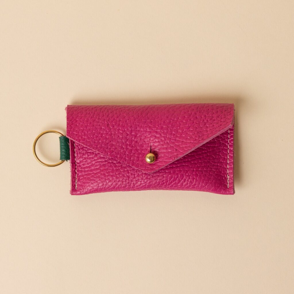 Berry Pink and Kelly Green Leather Keyring Card Holder