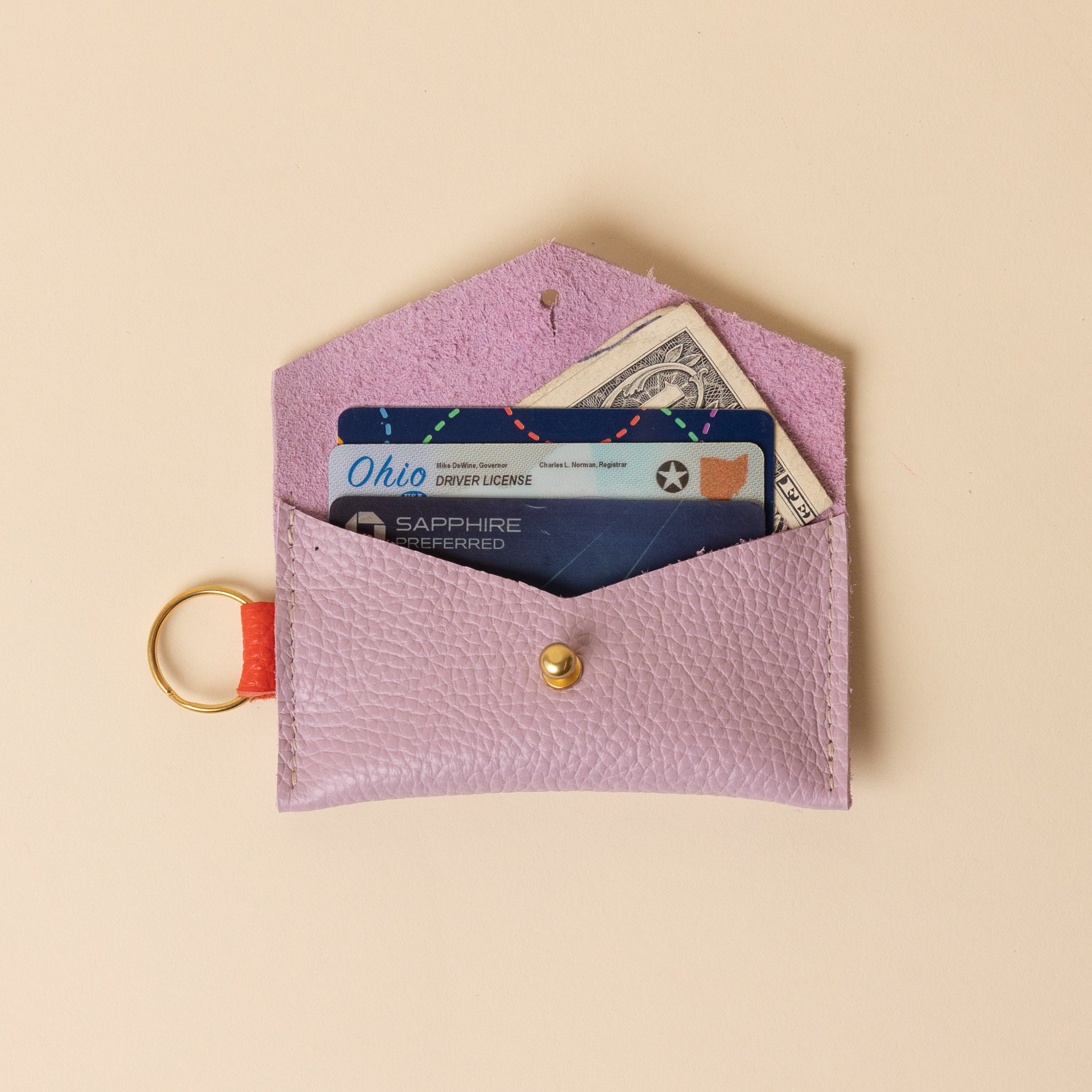 Lilac and Coral Orange Leather Keyring Card Holder
