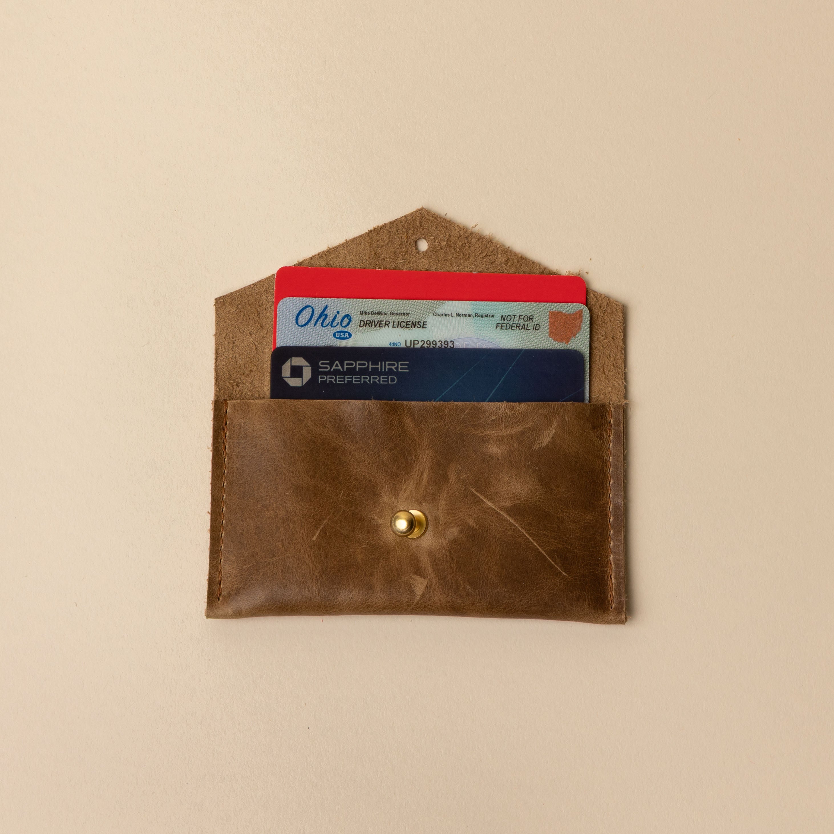 Olive Brown Leather Compact Snap Card Holder