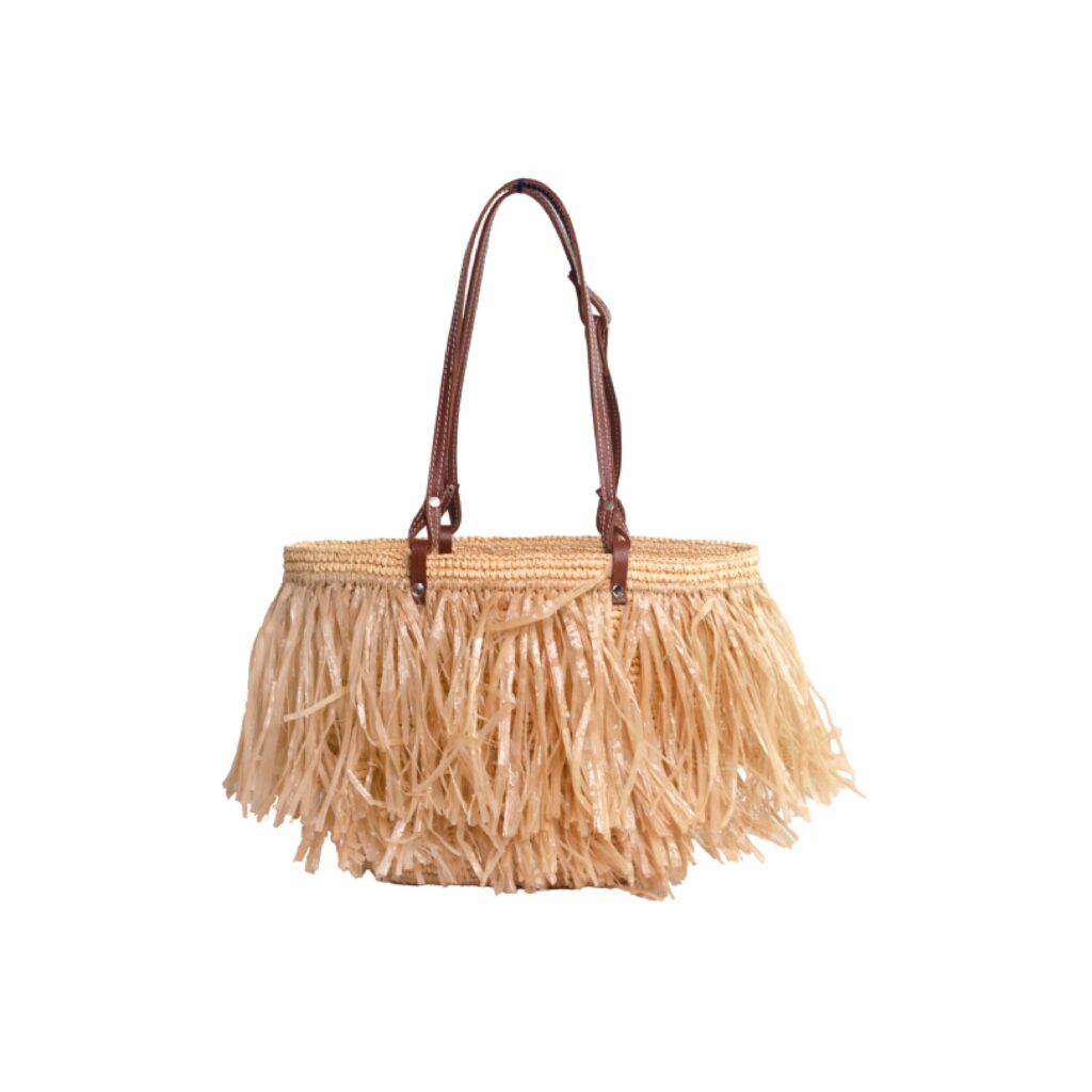 Detailed Beige Leather Medium Oval Basket Bag