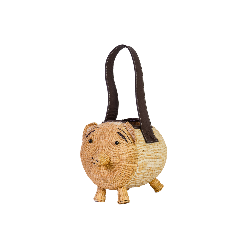 Chocolate Woven Straw Pig Bag