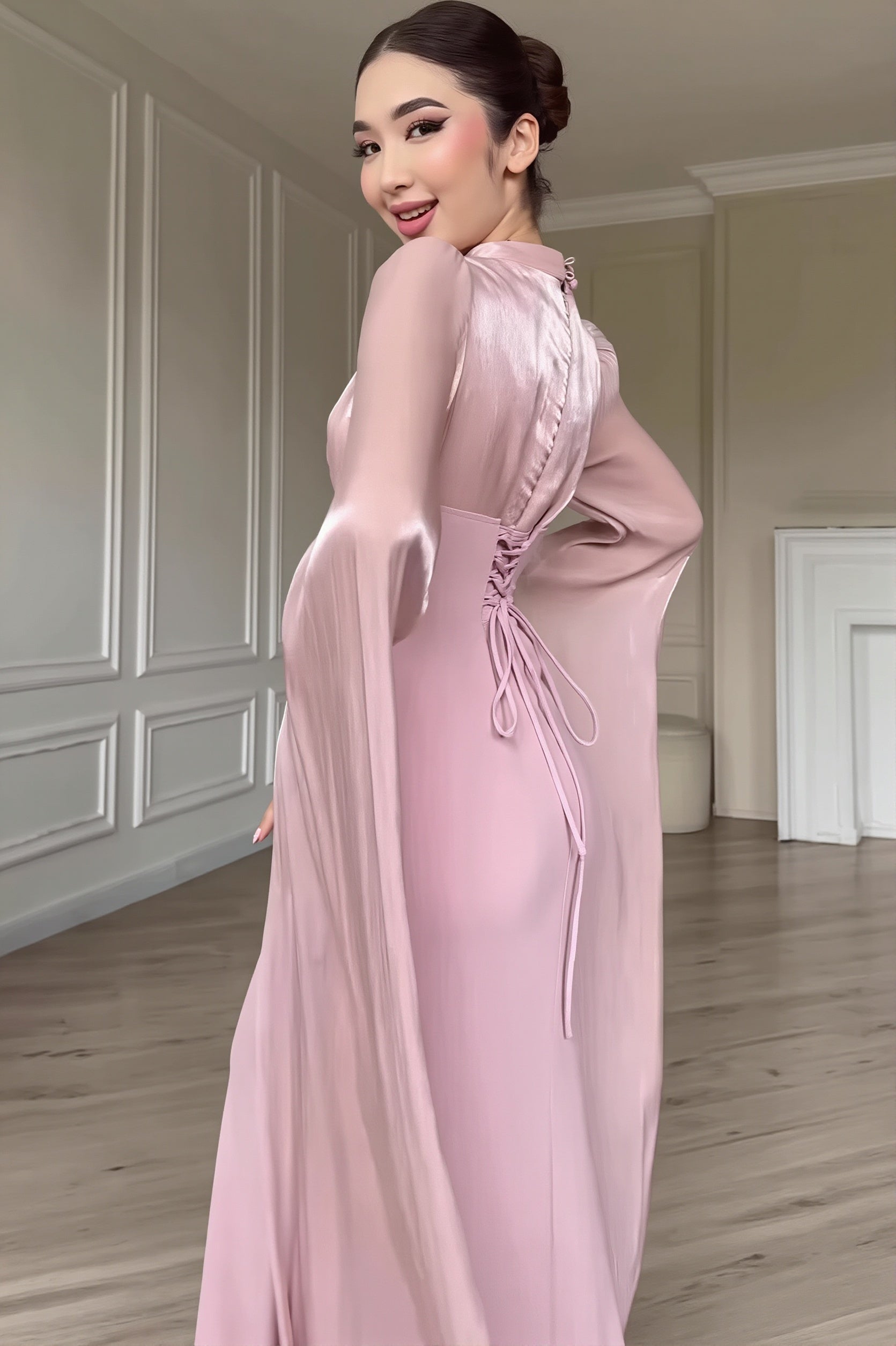 Twilight Glossy Flowy Sleeve Slim Maxi Dress - Image 5