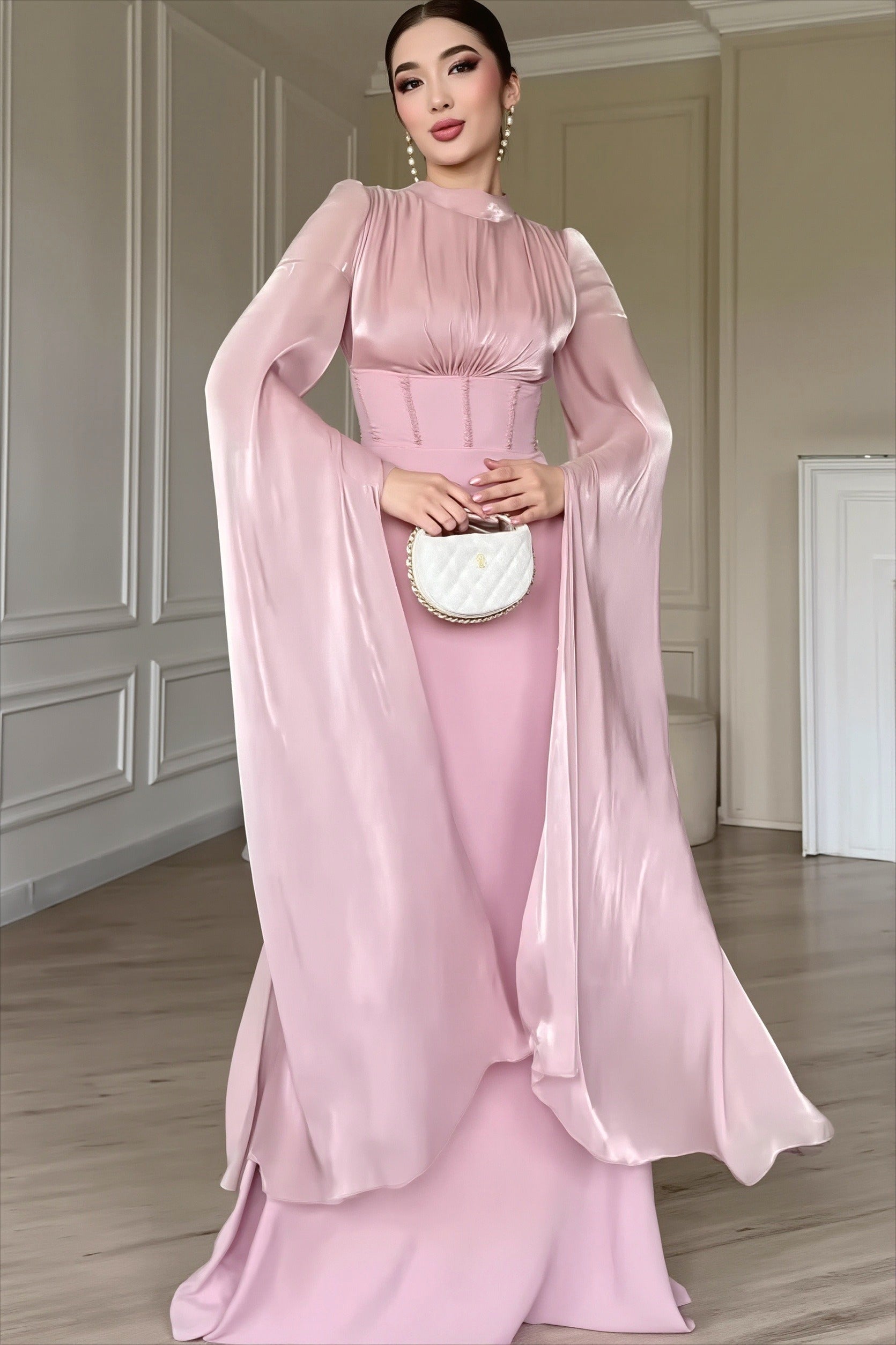 Twilight Glossy Flowy Sleeve Slim Maxi Dress - Image 3