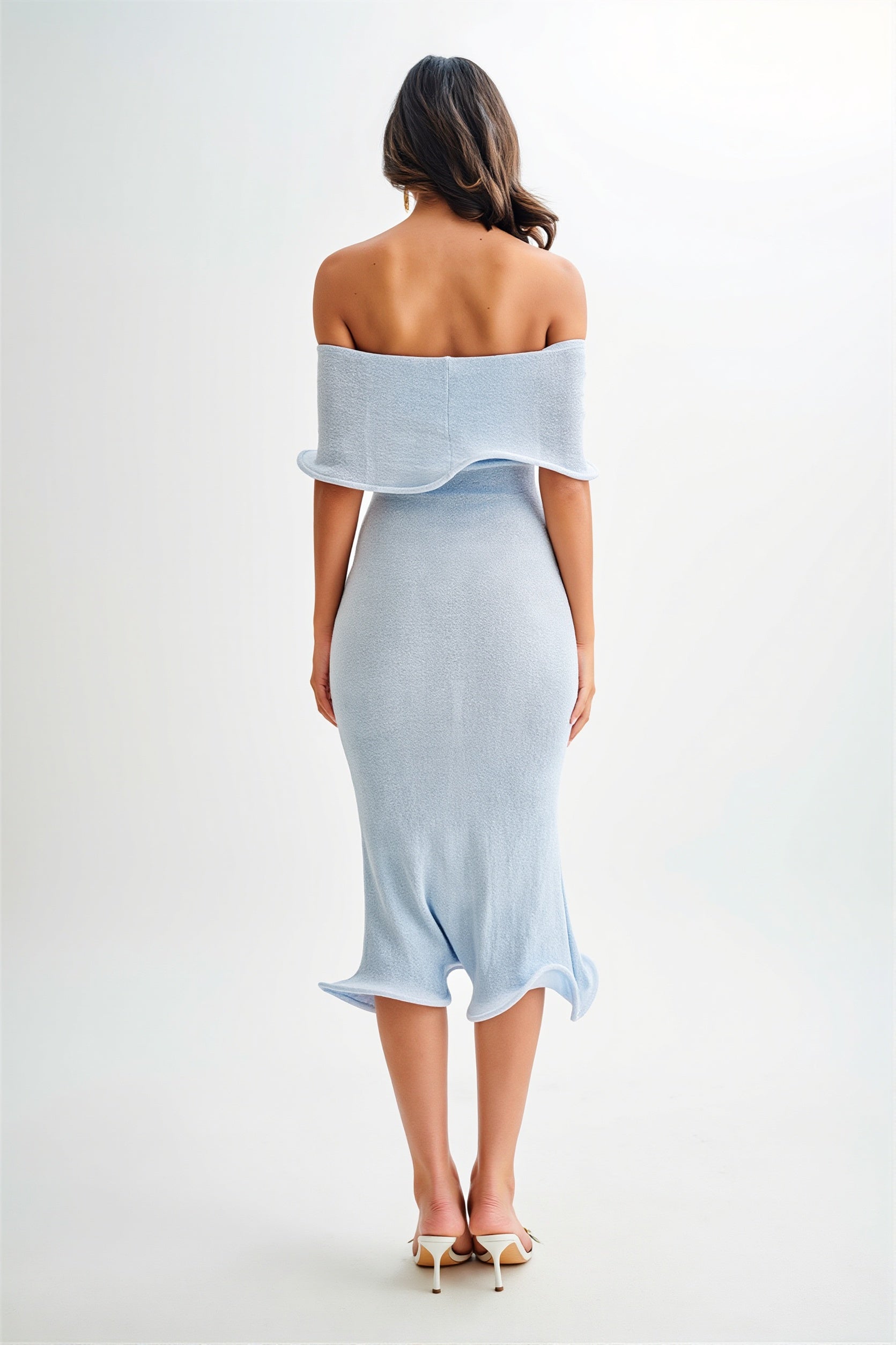 Draped Ruffle Off Shoulder Knit Midi Dress - Image 3