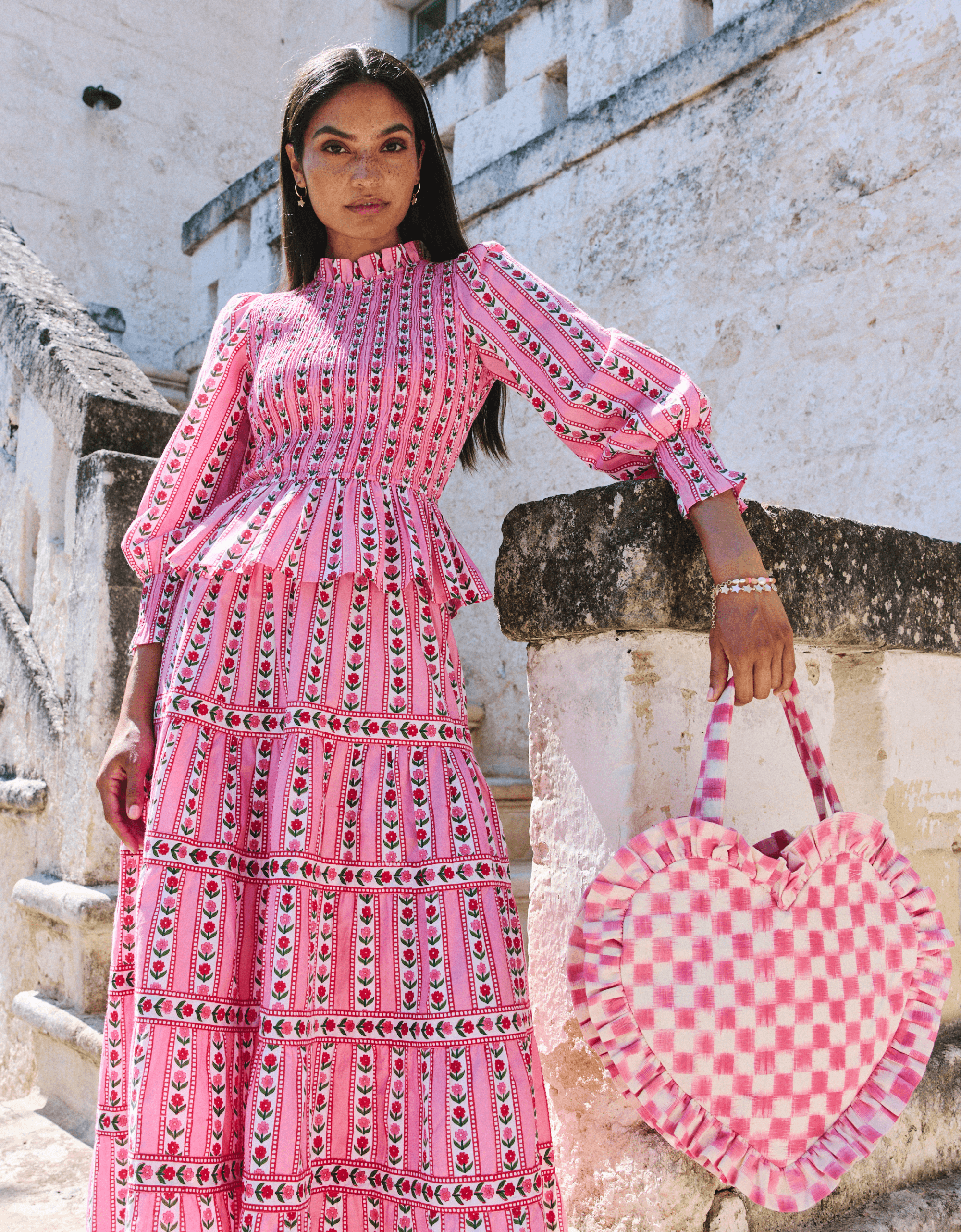 Bubblegum Ikat Ruffle Heart Shape Tote Bag