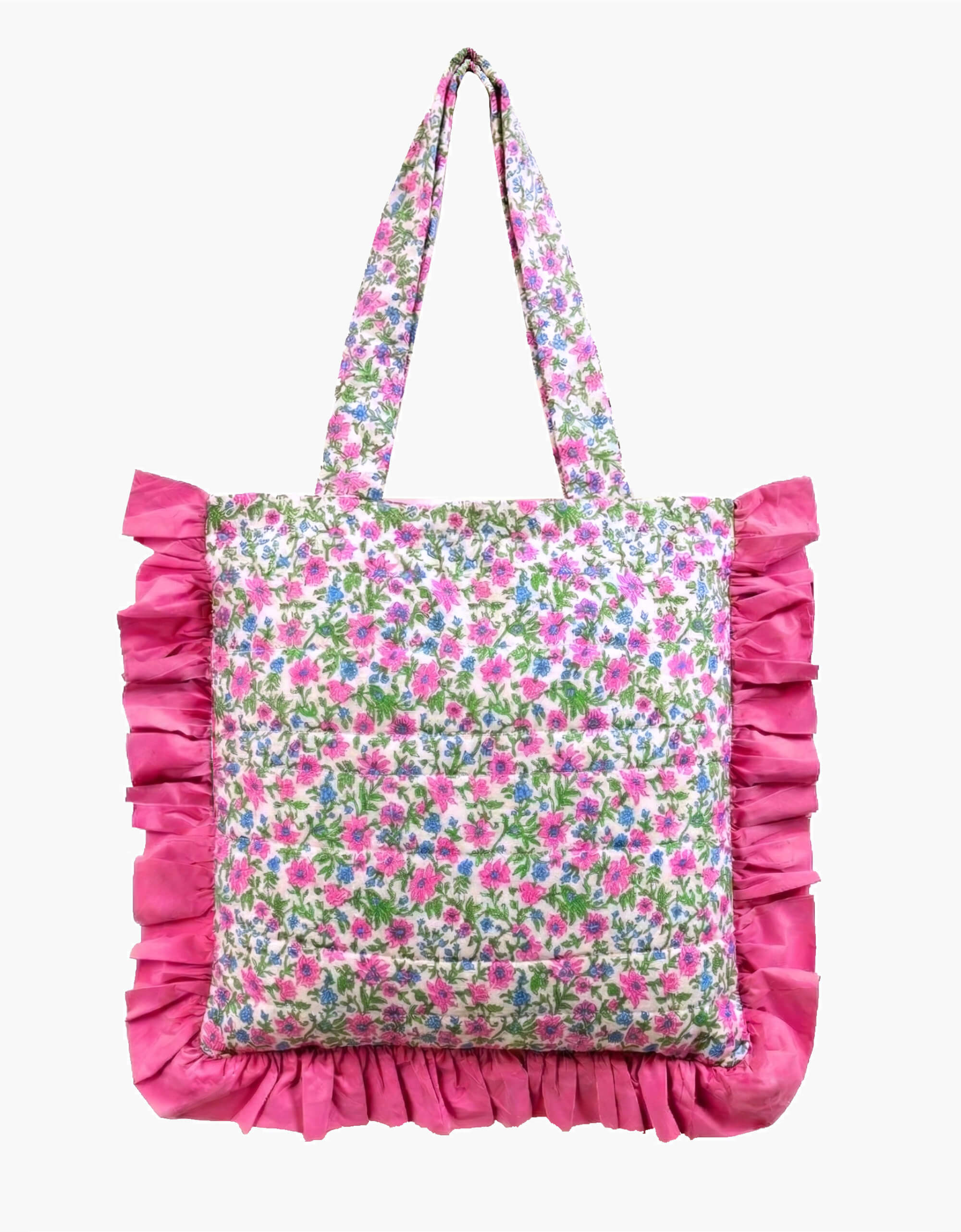 Folk Floral Printed Quilted Ruffle Tote Bag