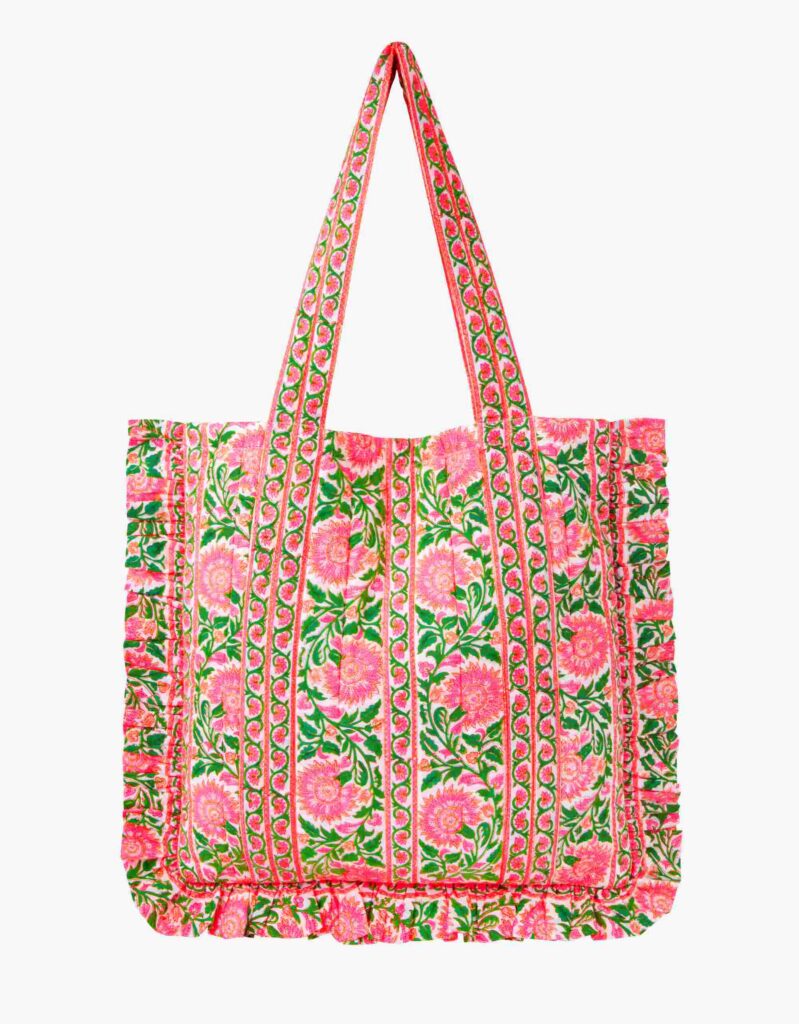 Neon Peacock Printed Quilted Ruffle Tote Bag