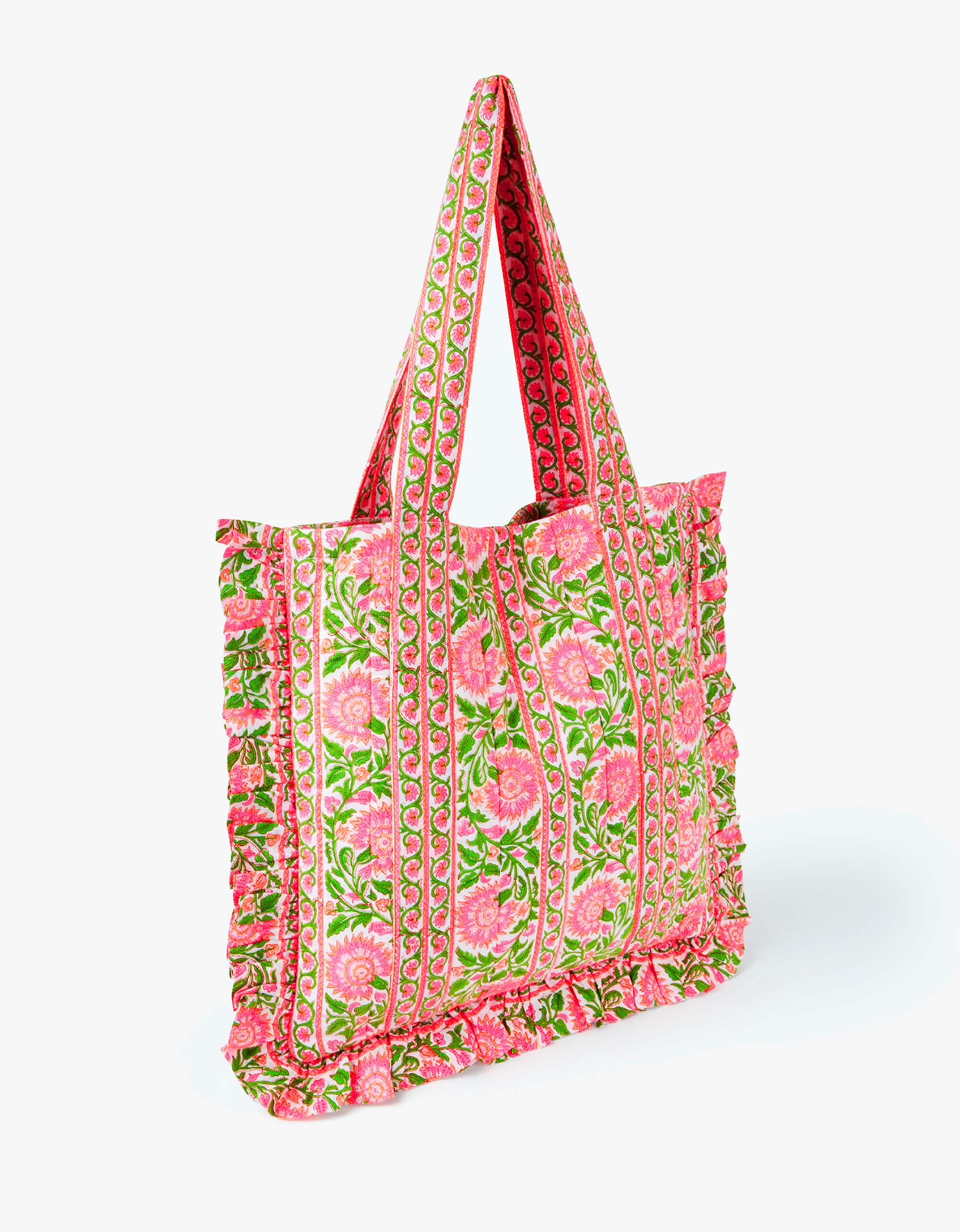 Neon Peacock Printed Quilted Ruffle Tote Bag