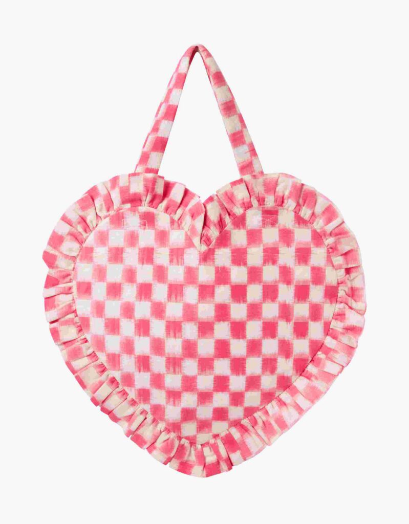 Bubblegum Ikat Ruffle Heart Shape Tote Bag